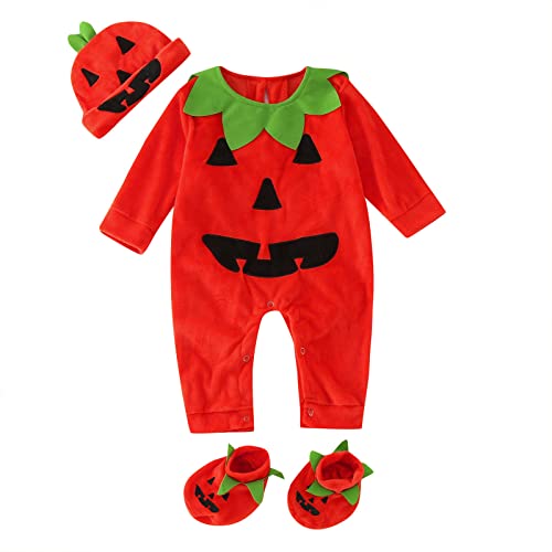 Baby Halloween Kostüm Dreiteiliges Set mit langärmeligem Halloween-Cartoon-Kürbis-Cosplay-Overall + Hut + Schuhen Socken für Säuglinge Kleinkinder (Orange, 12-18 Months) von Generic