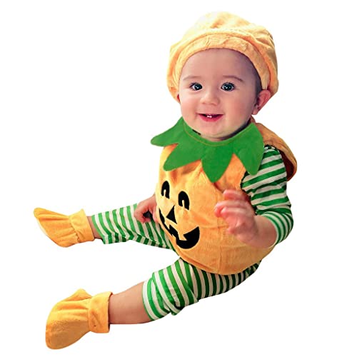 Baby Halloween Kürbiskostüm Strampler Set Halloween Junge Mädchen Cosplay Lustige Bodysuit Jumpsuit mit Hut Schuhe Socken Hose Pumpkin Karneval Festival Kleidung Outfits Kleinkind für (Orange, 100) von Generic