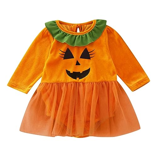 Baby Langarm Halloween Gold Samt Cartoon Kürbis Harem Mesh Haremskleid Strampler Halloween Geist/kürbis Halloween Kostüm Faschingskostüm für Babys Kleinkinder Halloween (Orange, 18-24 Months) von Generic