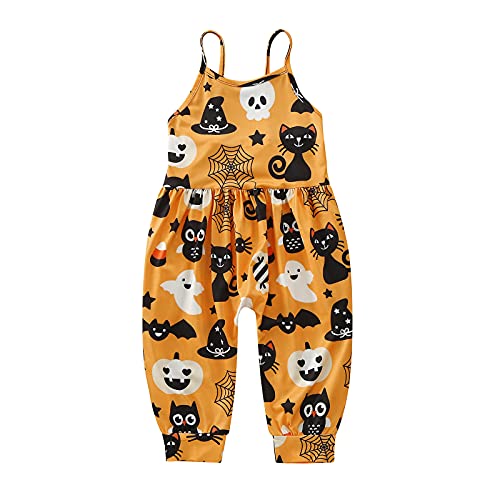 Baby Mädchen Junge Halloween Baby Unisex Ärmelloser Overall für Kinder mit Halloween-Cartoon-Schädel-Kürbis-Aufdruck, Overall mit Taschen Trägern (Yellow, 3-4 Years) von Generic