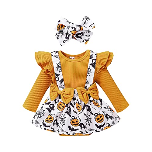 Babykostüm Säuglingsbaby Mädchen Strampler Babykostüm Unisex Baby Lange Halloween Kürbis Cartoon Print Schleife Geschirr Tasche Hintern Kleidung + Stirnband (Brown, 6-12 Months) von Generic