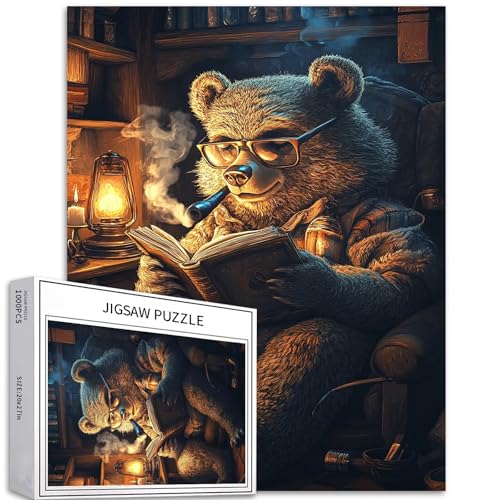 Bär mit Brille, 1000-teiliges Puzzle für Erwachsene, Bär, der eine Pfeife raucht und auf einem Stuhl liest, Kunstpuzzle, herausfordernde Familienaktivitäten, buntes Bastelpuzzle für Heimdekoration, von Generic