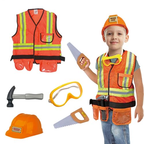 Bauarbeiter Kostüm, Anziehkleidung, Kid Builder Karriere Outfit Werkzeuggürtel Weste Pretend Rollenspiel-Spielzeug-Set von Generic