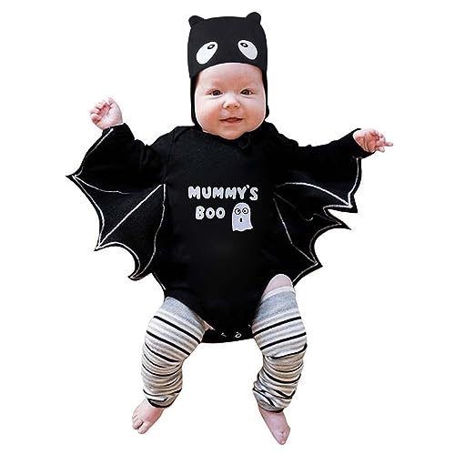 Body Langarm 98 Neugeborene Mädchen Halloween Cartoon Brief Drucke Cosplay Strampler Kleinkind Kostüm Body Hut Outfits Outfit Baby Junge 56 (Black, 12-18 Months) von Generic