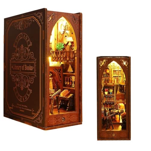 Book Nook Kit für Erwachsene, 3D-Buchstütze aus Holzpuzzle mit LED-Licht, DIY-Kit für Miniatur-Architekturmodelle, Bücherecke, Einzigartiges Geschenk für Familie und Freunde(Library of Books) von Generic