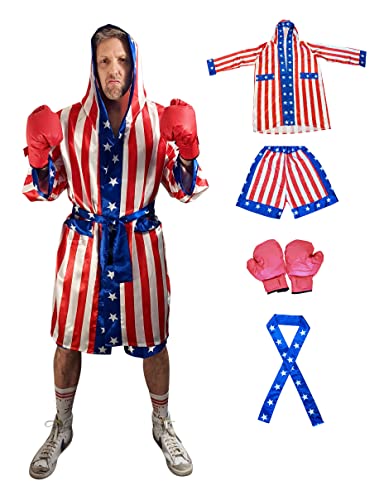 Boxkostüm mit amerikanischer Flagge – alles im Lieferumfang enthalten – USA Robe – Dehnbare Shorts mit amerikanischer Flagge – Sterne Gürtel – Boxhandschuhe – All in One Boxer Kostüm von Generic