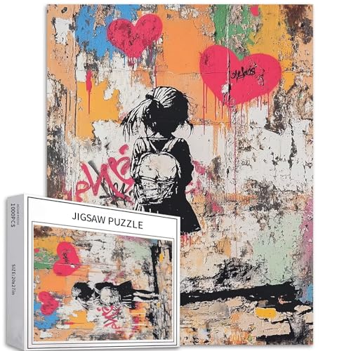 Broken Colorful Wall 1000 Teile Puzzle für Erwachsene Mädchen mit Schultasche Banksy-Stil Kunstpuzzle Bunte DIY-Puzzles für Heimdekoration, Geschenke, Familienpuzzle, perfekt für Spielabende, 50,8 x von Generic