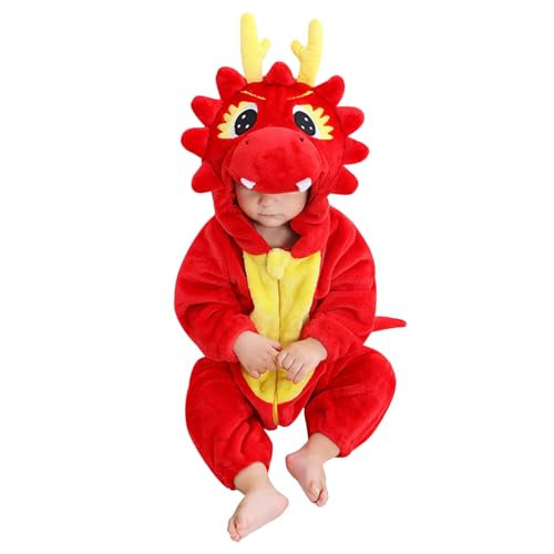 Cartoon Tier Overall Unisex Kinder Tier Jumpsuit Kleinkind Winter Fleece Strampler Plüsch Cosplay Tier Bodysuit Halloween Karneval Cosplay Kostüm Winter Overall Niedlich Kinder (Red, 3-6 Months) von Generic