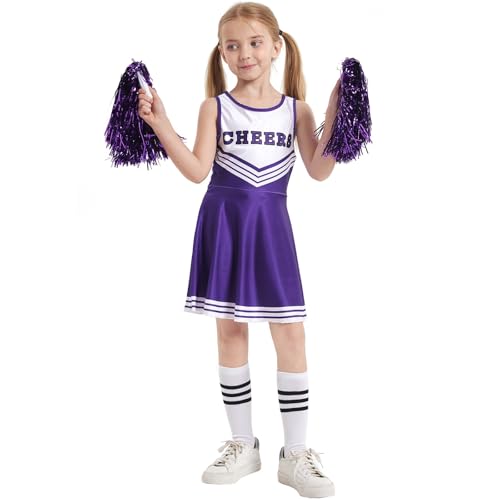 Cheerleader Kostüm Mädchen,Cheerleadering Outfit mit Kleid, Pompoms,Haargummi und Socken, für Karneval, Mottoparty, Halloween von Generic