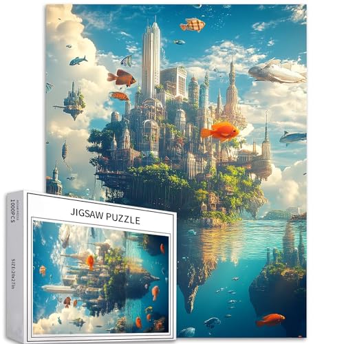 City in The Sky Puzzle für Erwachsene, Fische schwimmen im Himmel, Kunst-Puzzle, herausfordernde Familienaktivitäten, buntes Bastelpuzzle für Heimdekoration, Geschenke, 50 x 70 cm, 1000 Teile von Generic