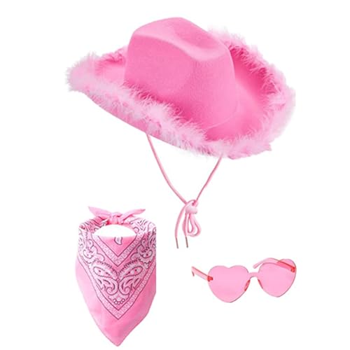 Cowboy Hut Damen Rosa 3PCS Cowboyhut Mit Pailletten Western Cowboy Hut Filz CowgirlHut Mit Feder Bandana Partybrille Accessoires Kopfbedeckung für Party Halloween Karneval Kostüm Kostümzubehör von Generic