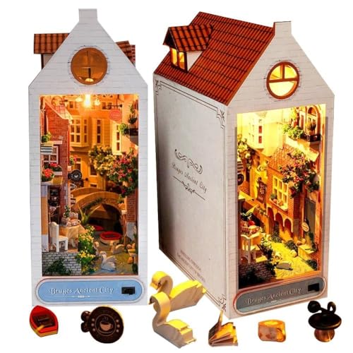 DIY Book Nook Kit, 3D-Puzzle-Buchstützen aus Holz mit LED-Licht, Book Nook-Bücherregal-Dekor, Puppenhaus-Modellbau, Einzigartige Geschenke für Familie und Freunde von Generic