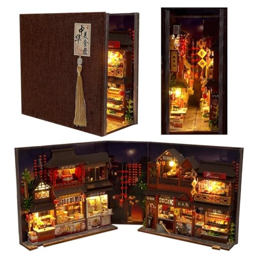 DIY Book Nook Kit für Erwachsene, 3D-Holzpuzzle, Miniaturhaus-Bausatz, Ständer-Bücherregal, Puppenhaus mit LED-Licht, Buchstützen-Einsatz, Dekoration(B) von Generic