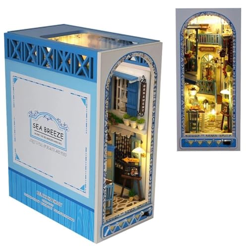 DIY Book Nook Kit mit LED-Licht, Miniatur-Buchstützen aus Holz für Puppenhäuser, 13D-Puzzle-Dekoreinlage für Bücherregal, Kreativitäts-Geschenkset für Erwachsene und Jugendliche(Land of the Sea Breeze von Generic