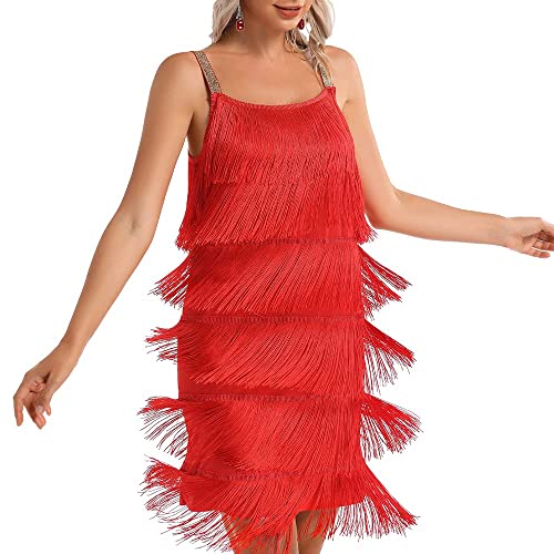 Damen Great Gatsby Flapper Spaghetti Quaste Kleid mit Stirnband, 20er Jahre Elegant Art Deco Party Accessoire Kostüm Geschenk Ohrringe (Rot, M) von Generic