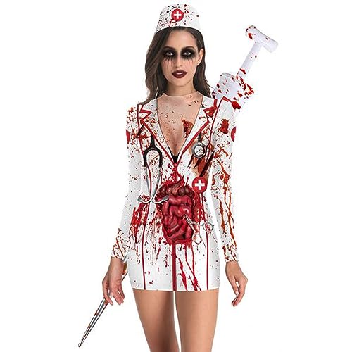 Damen Halloween Blutige Krankenschwester Kostüm Blutbefleckt Weiß Langarm Kleid Schaurige Krankenschwester Zombie Cosplay Kleidung (Weiß, S) von Generic