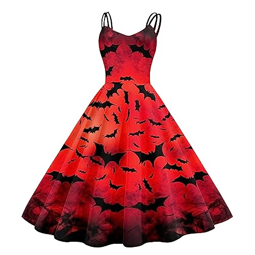 Damen Halloween Cocktailkleid Party Kostüm Swing Dress Elegant Brautkleid Ärmellos Aufdruck Halloween Kleid Damen ärmellos Halloween Kostüm Mittelalter Kleidung Rockabilly Cocktailkleid (Red, XL) von Generic