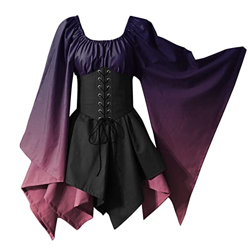 Damen Mittelalter Kleid Mit Trompetenärmel Gothic Kleid Mittelalter Kostüm Damen Kleidung Fledermausärmel Kostüm Gothic Cosplay Dress Kleid Damen Mittelalter Kleid Mittelalter Kostüme (Purple, XL) von Generic