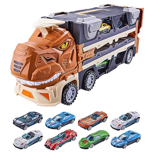 Dinosaurier-LKW-Spielzeug für Kinder,Dinosaurier-Transporter-LKW - Spiel-Truck mit 2 Auswurfschienen und 8 Metallfahrzeugen,Faltbare Autorennbahn, Spielzeug-LKW für und Mädchen von Generic