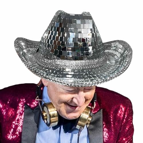 Disco-Kugel-Cowboy-Hut | Disco-Kugel verspiegelte Pailletten-Cowboyhut-Kappen | Junggesellenabschiedshut für Junggesellenabschiede, funkelnder Glitzer-Weltraumhut für Damen, für, Tanz, Bühne, Club, B von Generic