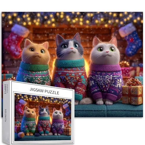 Drei Weihnachtskatzen-Puzzles für Erwachsene, 1000 Teile, Weihnachtsdekoration, Kunst-Puzzle, bunt, DIY-Puzzle, Heimdekoration, Geschenke, Familienpuzzle, perfekt für Spieleabende, 68 x 50 cm Drei Weihnachtskatzen-Puzzles für Erwachsene, 1000 Teile, Weihnachtsdekoration, Kunst-Puzzle, bunt, DIY-Puzzle, Heimdekoration, Geschenke, Familienpuzzle, perfekt für Spieleabende, 68 x 50 cm von Generic