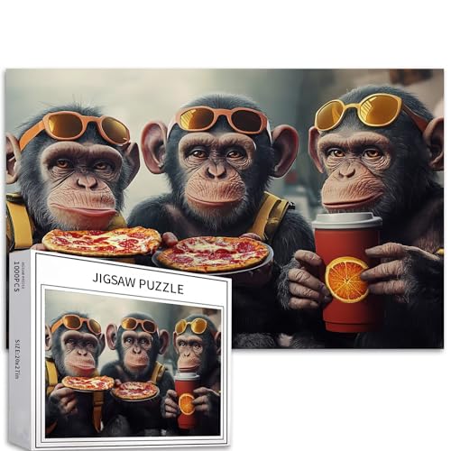 Drei stilvolle Affen, die Essen essen, 1000-teiliges Puzzle für Erwachsene, Simian-Puzzle, bunte DIY-Puzzles für Heimdekoration, Geschenke, Familienpuzzle, perfekt für Spieleabende, 68 x 50 cm von Generic