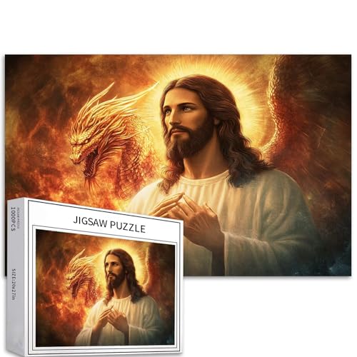 Ein Drache hinter dem majestätischen Porträt Jesus, 1000-teiliges Puzzle für Erwachsene, 68,6 x 50,8 cm, anspruchsvolle Familienaktivitäten, buntes Bastelpuzzle für Heimdekoration, Geschenke von Generic