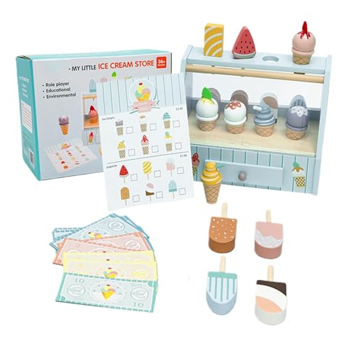 Eiscreme-Spielzeug, Eiscreme-Spielset - Hölzerne Kinderküchen-Eiscremespielzeuge,Kleinkind-Rollenspielspielzeug, Küchen-Rollenspiel-Eisdielenspielzeug und Zubehör für Kinder ab 3 Jahren, , Mädchen, Ge von Generic