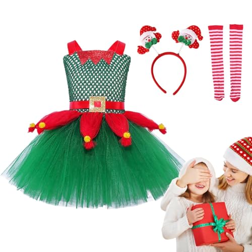 Elfe Kostüm Mädchen - Weihnachtsmann Kostüm Helfer Für Kinder | Partykostüm Für Mädchen, Weihnachtsfeierkostüm, Elfenkleid, Mit Stirnband Für , Socken von Generic