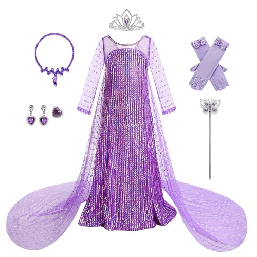 Elsa Prinzessin Kleid Mädchen, Elsa Kleid Mädchen, Elsa Kostüm Kinder mit Krone Zauberstab Halsketten, Prinzessin Kostüm Mädchen Weihnachten Cosplay Karneval Geburtstag Party 2025 von Generic