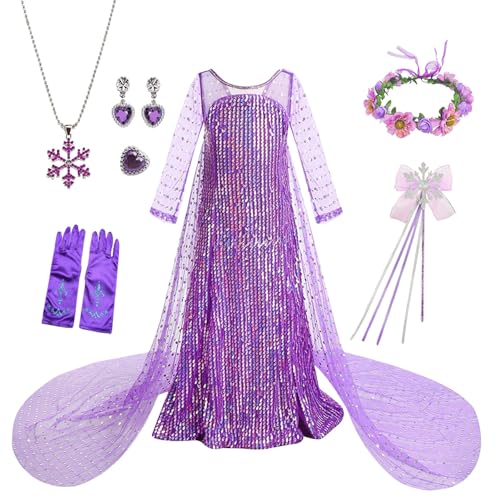 Elsa Prinzessin Kleid Mädchen, Elsa Kleid Mädchen, Elsa Kostüm Kinder mit Krone Zauberstab Halsketten, Prinzessin Kostüm Mädchen Weihnachten Cosplay Karneval Geburtstag Party 2025 von Generic