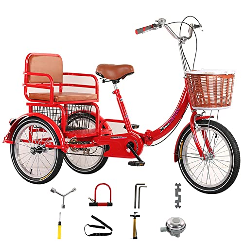 Faltbares Dreirad für ältere Menschen, Lastendreirad für Erwachsene mit hinterem Korb zum Einkaufen und Picknicken, komplettes 3-Rad-Cruiser-Fahrrad, rot von Generic