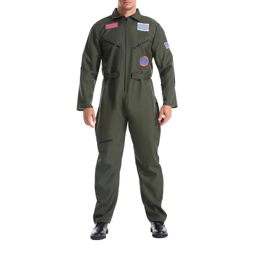 Fliegeranzug Herren Jumpsuit, Pilot Overall Herren mit Reißverschluss-Kampfpilot Kostüm Herren Revers Mode Jumpsuits Air Force-Kostüm Jetpilot-Kostüm für Fasching Mottoparty Cosplay von Generic