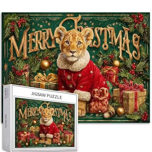 Frohe Weihnachten Poster, 1000 Teile Puzzle für Erwachsene, Löwenjunges, Szene, Kunstpuzzle, bunt, DIY-Puzzles für Heimdekoration, Geschenke, Familienpuzzle, perfekt für Spieleabende, 70 × 50 cm Frohe Weihnachten Poster, 1000 Teile Puzzle für Erwachsene, Löwenjunges, Szene, Kunstpuzzle, bunt, DIY-Puzzles für Heimdekoration, Geschenke, Familienpuzzle, perfekt für Spieleabende, 70 × 50 cm von Generic