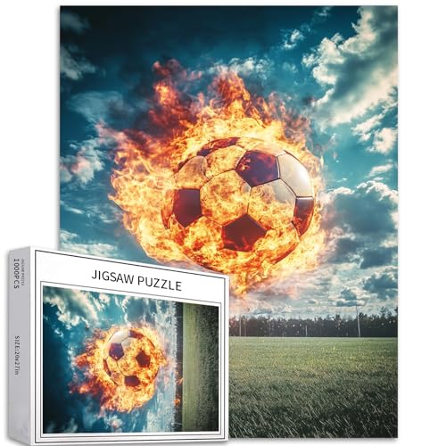 Fußball-Puzzles für Erwachsene, 68 x 50 cm, 1000 Teile, Fußball auf Feuer, Puzzle, anspruchsvolle Familienaktivitäten, bunt, Basteln, Sportpuzzle für Heimdekoration, Geschenke von Generic