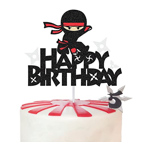 G-LOVELY'S Ninja CakeTopper, Ninja Tortendeko Geburtstag, Ninja Superhero Thema Geburtstagstorte Dekoration, Glitter Happy Birthday Kuchen Topper für Kinder Geburtstags Party Kuchen Deko von G-LOVELY'S