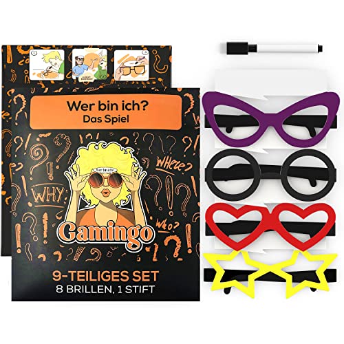 Gamingo Wer Bin ich Spiel für Erwachsene & Jugendliche – Familienspiele, 8 Wiederverwendbare Brillen & 1 Stift, individuell beschreibbar, 4 lustige Designs von Gamingo