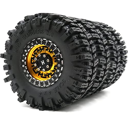 4 Stück RC 2,2 Mud Slingers Reifen Soft Super Grip Crawler Truck Reifen Höhe: 124mm / 4,88 Zoll & Aluminium Force 2,2 Beadlock Felgen Räder 12 mm Gold & Schwarz Farbe von Generic