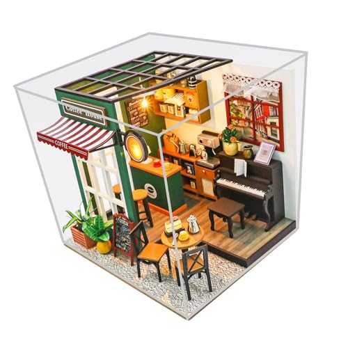 Generic Puppenhaus-Miniatur-Café-Bastelsammlung, eingebaute LED-Leuchten, 3D-Holzpuzzle für kreatives Geschenk, Festival, Freund von Generic