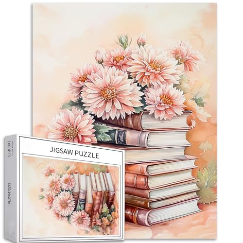 Gestapelte Bücher, 1000-teiliges Puzzle für Erwachsene, rosa Blumenszene, Kunststil-Puzzle, bunte DIY-Puzzles für Heimdekoration, Geschenke, Familienpuzzle, perfekt für Spielabende, 50,8 x 68,9 cm von Generic