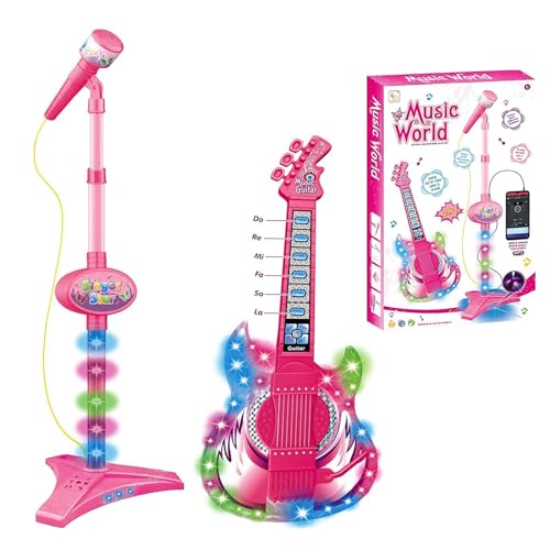 Gitarren-Mikrofon-Set für Kinder – Gitarrenspielzeug mit Musik, Gitarrenspielzeug, Kindergitarre und Mikrofonständer mit Musik und Mikrofon mit buntem Licht mit Unterstützung von Generic