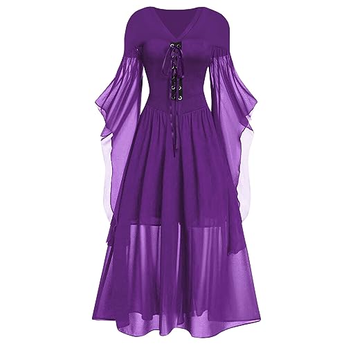 Gothic Halloween Kleid Kostüm Damen, Übergröße A-Linie Schnüren Maxi Kleider mit Schmetterlingsärmeln für Frauen, Festliches Vintage Schwarz Hexenkleid Cosplay Club Party Kostüme von Generic