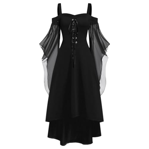 Gothic Halloween Kleid Kostüm Damen, Übergröße A-Linie Schnüren Maxi Kleider mit Schmetterlingsärmeln für Frauen, Festliches Vintage Schwarz Hexenkleid Cosplay Club Party Kostüme von Generic