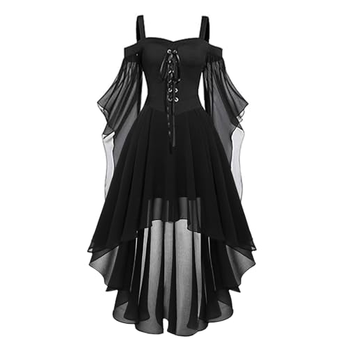 Gothic Halloween Kleid Kostüm Damen, Übergröße A-Linie Schnüren Maxi Kleider mit Schmetterlingsärmeln für Frauen, Festliches Vintage Schwarz Hexenkleid Cosplay Club Party Kostüme von Generic