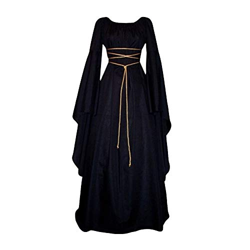 Gothic Kleid Damen Vintage Mittelalterliches Kleid Mit Trompetenärmeln Mittelalter Kostüm Korsett Für Halloween Kleid Mittelalter Kostüm für Damen Gotisch Maxikleid Karneval Halloween (Black, XL) von Generic