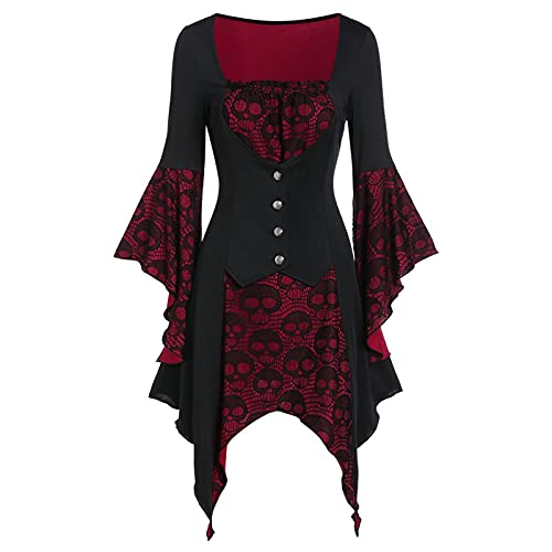 Gothic Kleidung für Damen Mittelalter Kostüm Halloween Cosplay Schwarz Steampunk Minikleid Renaiss Historisches Spitzenspleißkleid Hexenkostüm Tunikakleid Mantel, Rot von Generic