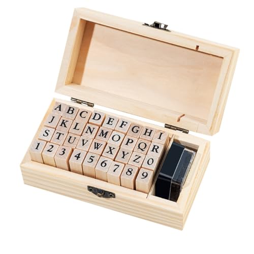 Grundlegendes Notizbuch-Set 36-teilig mit Retro-Holzstempeln mit Buchstaben, Zahlen und Englisch im Stil Zsh724 (Khaki, 3.4x1.1x0.9CM) von Generic