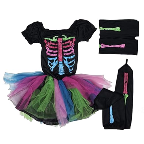 Gruseliges Skelett-Outfit – Einzigartiges Knochen-Print-Kostüm, Skelettkleid | Kostüm Party Maskerade Halloween Bekleidung Tutu Kleid, Knochen Thema Kostüm Skelett Kleidung Gespenstisches Skelett Tutu von Generic