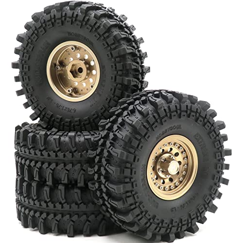 HOBBYSOUL 4 Stück RC 1.9 Mud Rock Crawler Truck Reifen super Grip Reifen Höhe 121 mm & Aluminium Heavy Duty 1.9 Beadlock Räder Hex 12 mm Felgen Champagner-Gold Farbe von Generic