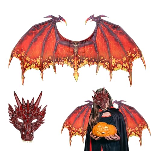 Halloween-Dinosaurier-Cosplay-Set, Drachenmaskenflügel-Set - Kinder-Maskerade-Partys Dinosaurier-Kostüm-Set - Drachen-Cosplay-Requisiten, Dinosaurier-Gesichtsmaske und Flügel-Set für Rollenspiele und von Generic